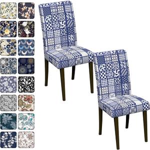Chair Covers Dining Room Set of 2,Printed Patterned Stretch Non Slip Chair Slipcover Removable Washable Kitchen Chair Protector Cover for Home Hotel Banquet Party (Base Geometric Square Tile Pattern)