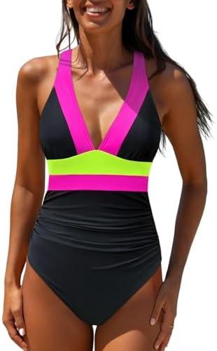popvil One Piece Swimsuit Women 2025 Tummy Control Neon Color Block Bathing Suit Deep Vneck Tie Back Swim Suits Beach.L popvil One Piece Swimsuit Women 2025 Tummy Control Neon Color Block Bathing Suit Deep Vneck Tie Back Swim Suits Beach.L