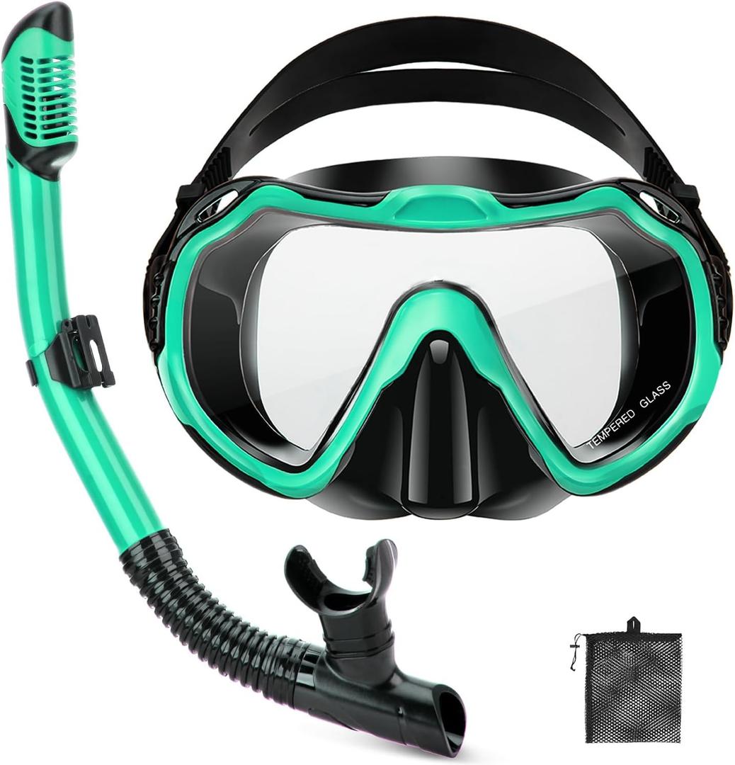 Snorkeling Gear for Adults, Adult Snorkel Set with Panoramic Anti-Leak and Anti-Fog Tempered Glass Snorkel Mask, Dry Top Snorkel, Snorkle Mask Set Adult with Mesh Bag Ear Plug for Snorkeling (Malachite Green (1 Set))