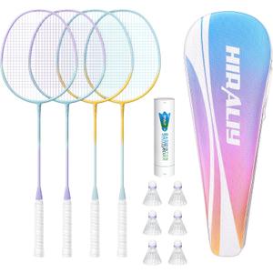 HIRALIY Badminton Rackets Includ 4 Rackets, 6 Birdies, 1 Carrying Bag 4 Badminton Rackets Set for Backyards, Badminton Set, Outdoor Game for Adult Family Beginner