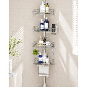 SEIRIONE Corner Shower Caddy Tension Pole, Quick Setup, Rust-Free Bathroom Shower Organizer Corner for Bathtub Shampoo Storage, 4-Tier Adjustable Shelf, Drill Free, Fits 34 to 116 Inch Height, Silver