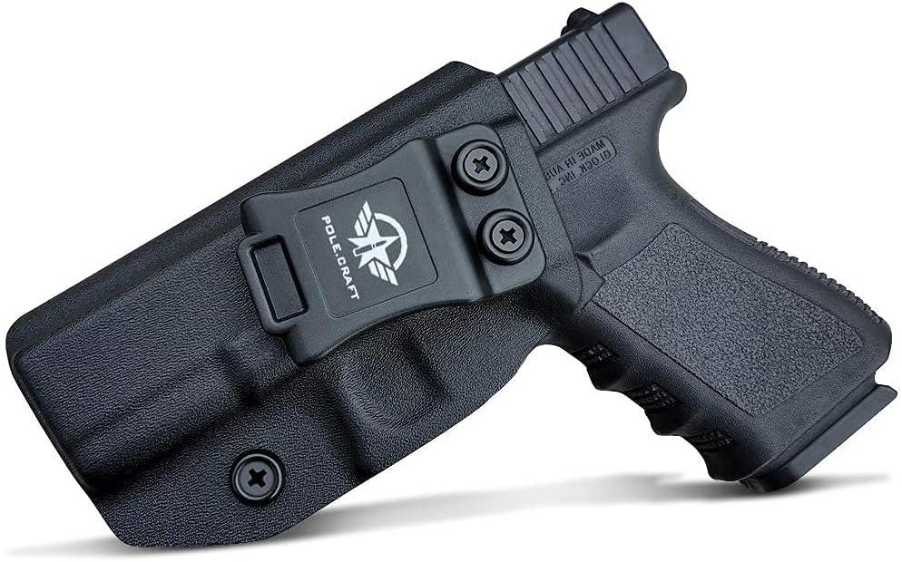 POLE.CRAFT IWB Kydex Holster Custom Fit: Glock 19 19X 25 44 45 (Gen 1 2 3 4 5) & Glock 23 32 (Gen 3 4) - Inside Waistband Carry - Adj. Cant Retention, Cover Mag-Button, No Wear, No Jitter (Black, Left Hand Draw (IWB))