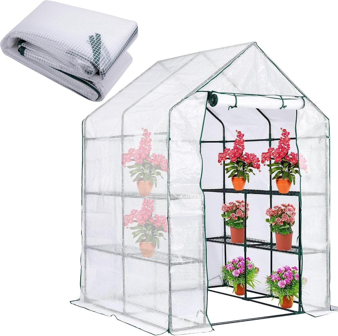 DECOHS Walk-in Greenhouse Replacement Cover with Roll-Up Zipper Door, 56 x 56 x 76 inch PE Greenhouse Cover for Outdoor Plant Gardening Plants Cold Frost Protection Wind Rain Proof (Frame Not Include)