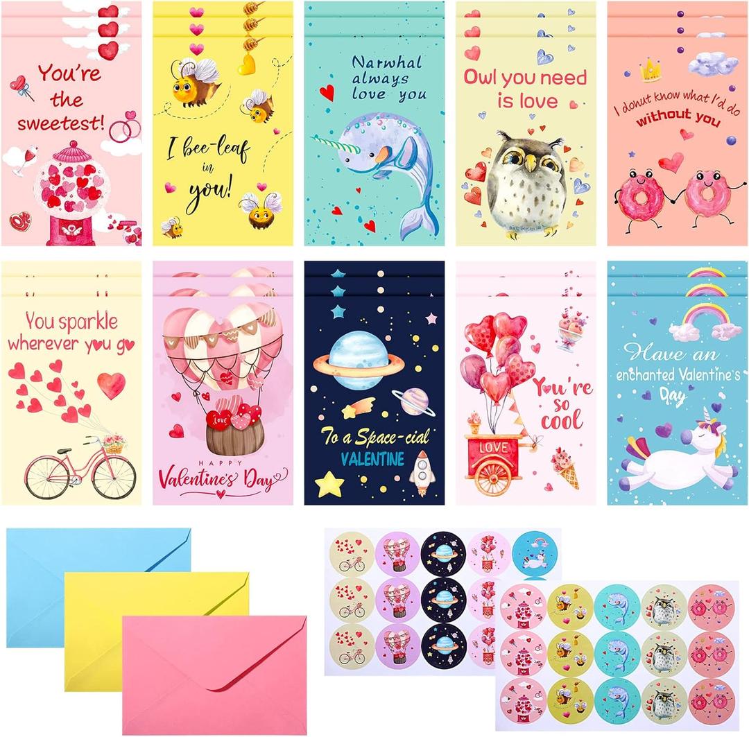 30 Set Kids Valentines Day Card Bulk Classroom Valentine Cards Bulk with Stickers and Envelopes Kids Valentine's Day Greeting Cards for Valentine's Gifts Exchange School Classroom Prize (Cute Style)