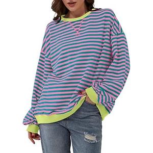 Womens Striped Oversized Sweatshirt Color Block Crew Neck Long Sleeve Shirt Casual Loose Pullover Top, Size 140(7-8 Years)