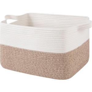 OIAHOMY Woven Storage Basket for Shelves, Rectangle Cotton Rope Baskets for Organizing, 16 x 12 x 10 in, Storage Bins for Dog Toys,Towel,Books,Gift,Brown and White