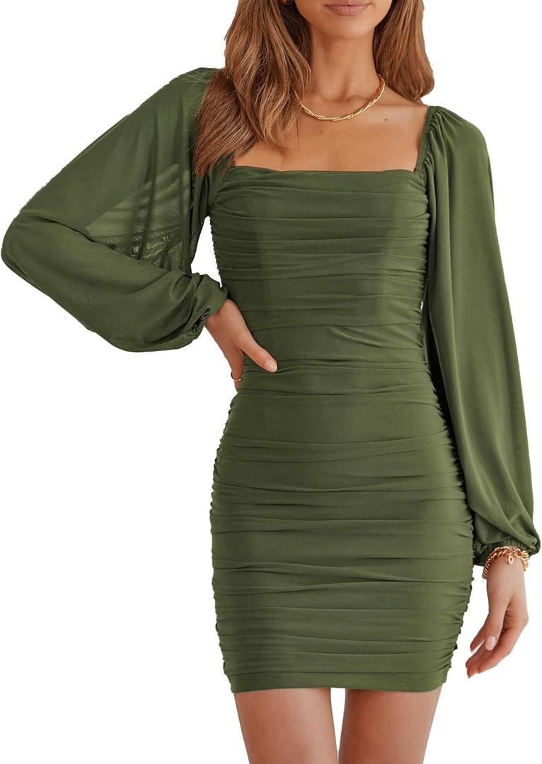 MASCOMODA Women Elegant Square Neck Lantern Long Sleeve Mini Ruched Bodycon Dress Stretch Mesh Slim Party Cocktail Dresses (Medium, Army Green)
