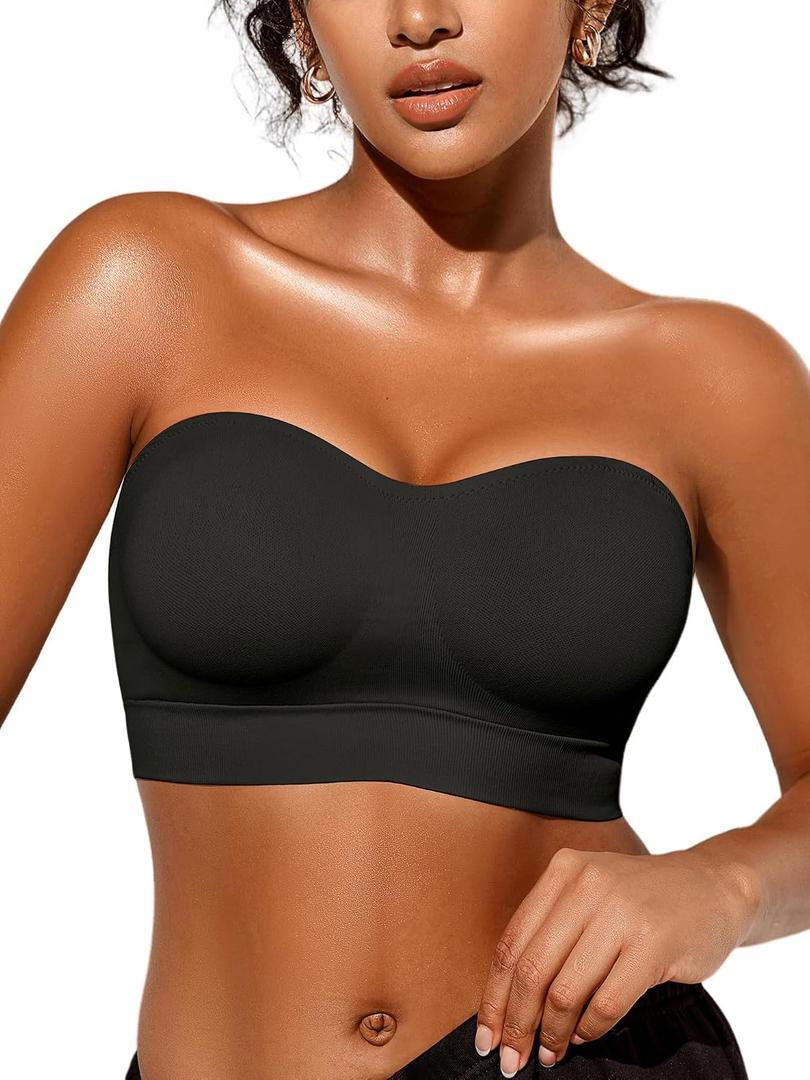 Strapless Bras for Women, Non-Slip Silicone Padded Bandeau Bra with Free Clear Strap, Wireless Tube Top Bralette, Large 