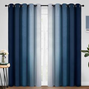 Yakamok Blue and Greyish White Ombre Curtains, Room Darkening Gradient Color Curtains for Bedroom, Light Blocking Thermal Insulated Window Drapes for Living Room(2 Panels, 70x84 Inch)