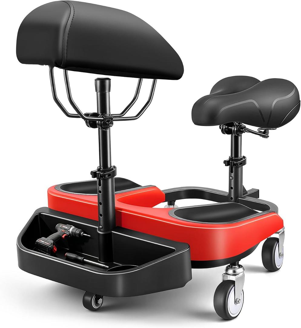 Kneeling Sitting Creeper with Chest Support, Rolling Knee Pads with Adjustable Seat & Tool Tray, 3-Inch Multi-Terrain Casters & Anti-Flip Protection for Tile Flooring, Auto Repair & Gardening