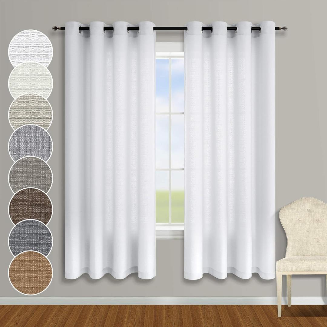 KOUFALL White Semi Sheer Curtains 63 Inch Length for Bedroom 2 Panels Grommet Faux Linen Cotton Privacy Light Filtering White Textured Curtains for Living Room Kids Nursery