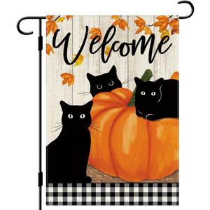 DLZDN Fall Black Cat Garden Flag Thanksgiving Garden Flag Autumn Pumpkins Welcome Yard Flag 12x18 Inch Vertical Double Sided Farmhouse Holiday Outside Decoration Burlap Yard Flag