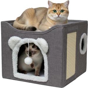 Cat Houses for Indoor Cats, Large Cats Bed Cave, Kitten Cube Box,Cat Condo with Scratching Pad, Hanging Fluffy Ball & Peekaboo Window, Foldable Hideaway Hand-Washable(16x16x13.3 Inches,Grey)