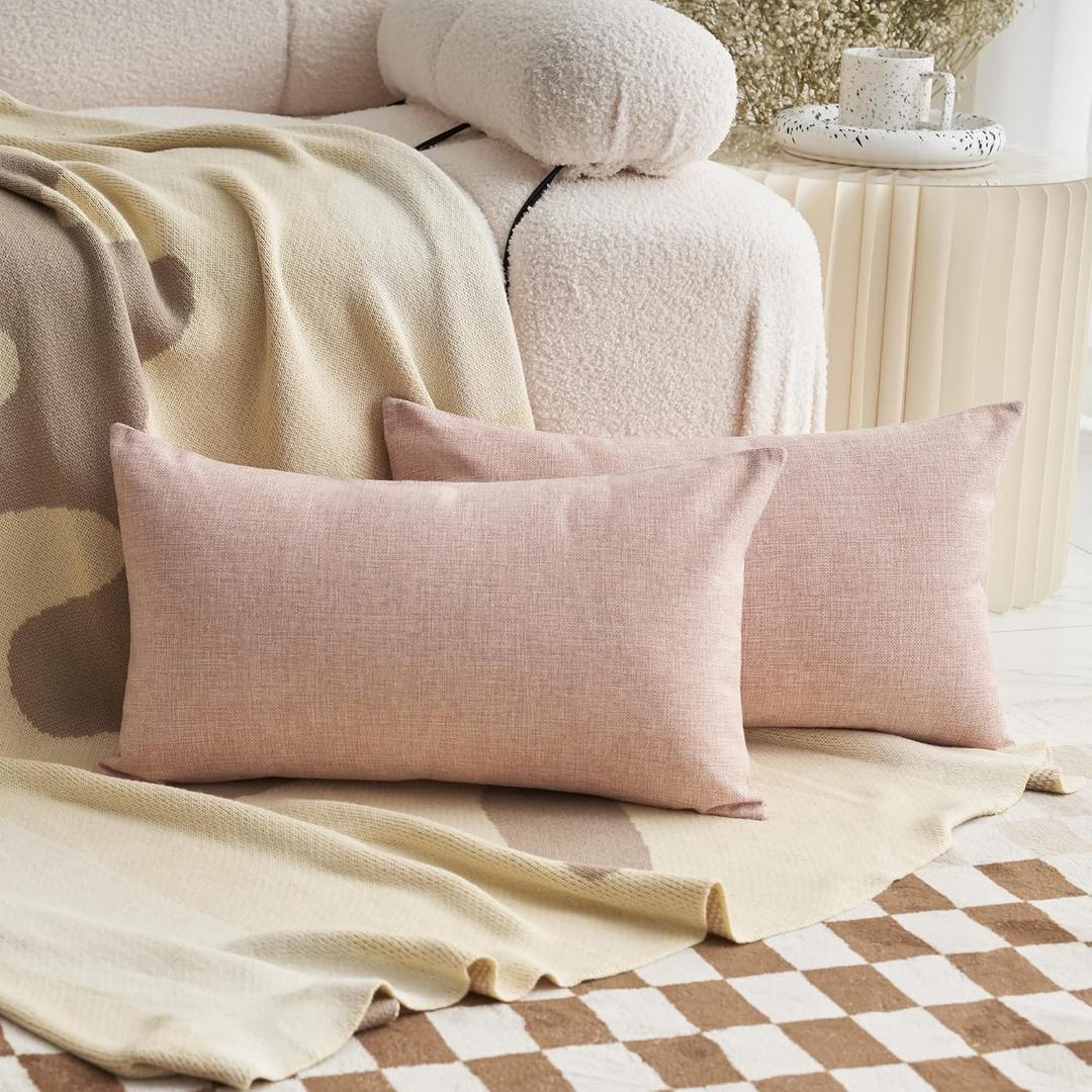 Demetex Pink Linen Pillow Covers 12 x 20 Decorative Pillowcases Set of 2 Rectangle Throw Pillows for Couch Bedroom Girls Mom Gifts, 12x20 inch, Light Pink
