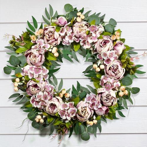 TechKen Peony Wreath Spring Wreath 24inch for Spring & Summer, for Front Door, Window, Wall, Home and Kitchen