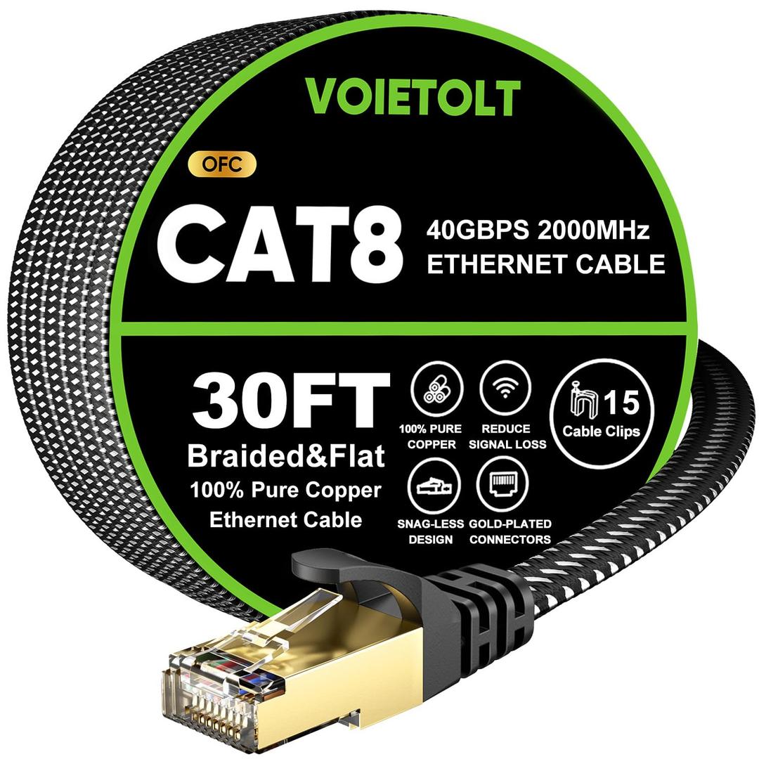 Cat 8 Ethernet Cable 30 FT Flat, High Speed 40Gbps 2000Mhz Braided Internet Cable with Gold Plated RJ45 Network LAN Cable SSTP, Heavy Duty Ethernet Cord Compatible for PS4/5, for Modems, PC/Laptop