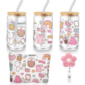 Dunzoom 3 Pcs Nurse Week Appreciation Gifts Set for Women Included 16 oz Glass Cup with Lid Makeup Bag Badge Reel Practitioner Gift for Nurse Graduation Pathologist RN NICU Preceptor Nursing Assistant