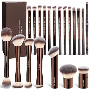 MAANGE 20 Pcs Makeup Brushes with Gift Box, Double-End Multi-functional Makeup Brushes for Blending Liquid Powder Concealer Cream Blush Buffe, Coffee Brown