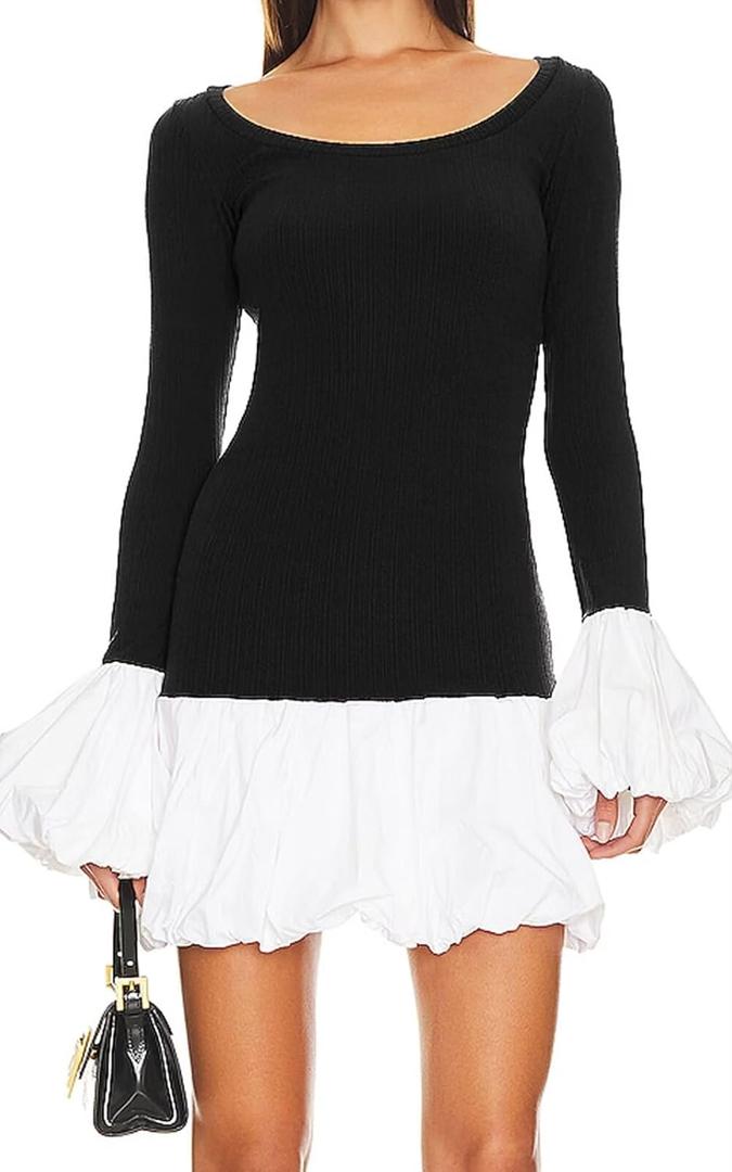 Women's 2025 Fall Dress Sexy Crew Neck Puffy Long Sleeve Bubble Party Club Bodycon Mini Dresses, S