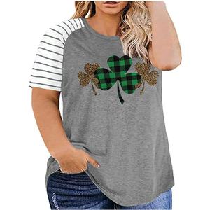 4 x Plus Size St. Patrick's Day T-Shirt Women Cute Gnomes Shamrock Printed Shirt Tops Short Sleeve Casual Graphic Tees (Gray, XXL)