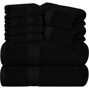 Avalon Towels Luxury 8 Piece Towels Set, 2 Bath Towels, 2 Hand Towels and 4 Washcloths, 600 GSM 100% Ring Spun Cotton Highly Absorbent Bathroom Towel Set, Ideal for Hotel, Spa and Gym (Black) (8 Piece Towel Set)