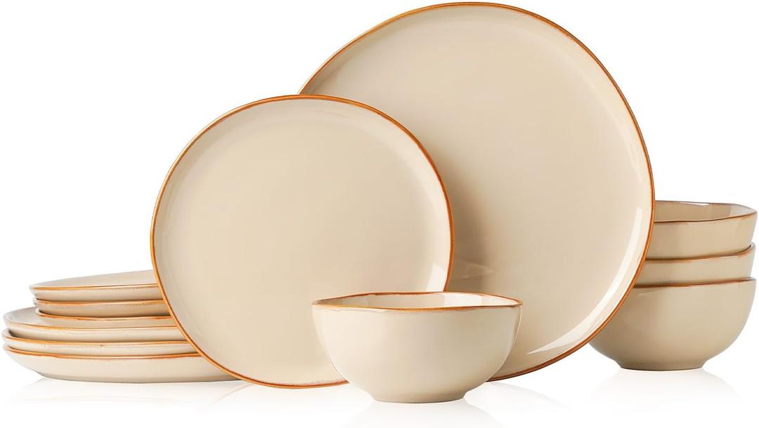Stoneware Dinnerware Sets for 4, Reactive Glaze Plates and Bowls, Beige
12-Piece Handcrafted Rustic Porcelain Dishes Set, Highly Scratch Resistant, Dishwasher & Microwave Safe