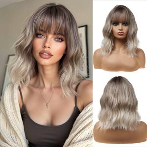 Esmee 14 Inches Short Blonde Wigs with Fringe for Women Natural Synthetic Hair Ombre Wig with Dark Roots Loose Wavy Wigs for Cosplay Daily Party Wear
