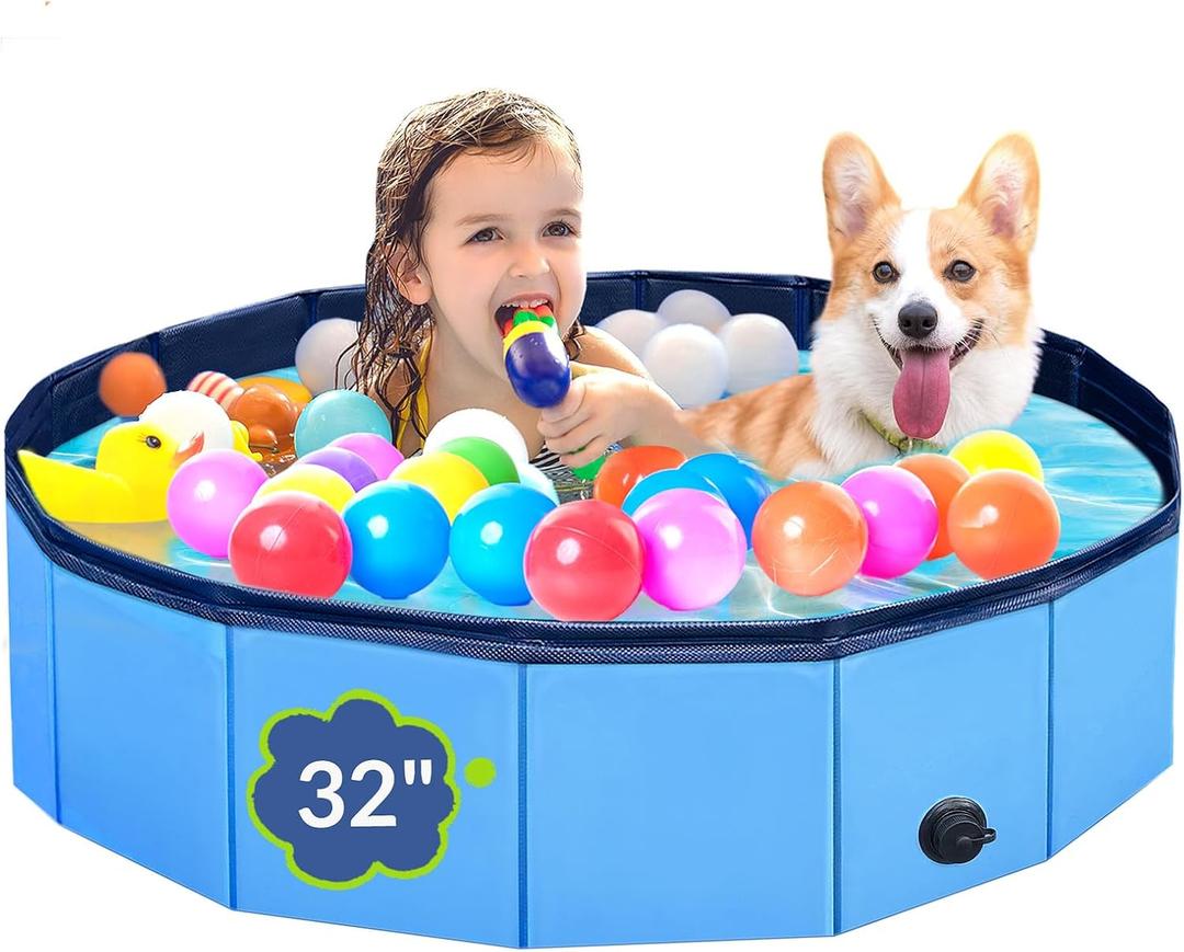 Dog Pool, Foldable Pet Swimming Pool with 6mm High-Strength PP Board, Hard Plastic Collapsible Doggy Pools for Small Dogs Kitty Duck, Non-Slip Doggie Bathtub Quick to Set Up and Drainage Hole (32x8in)