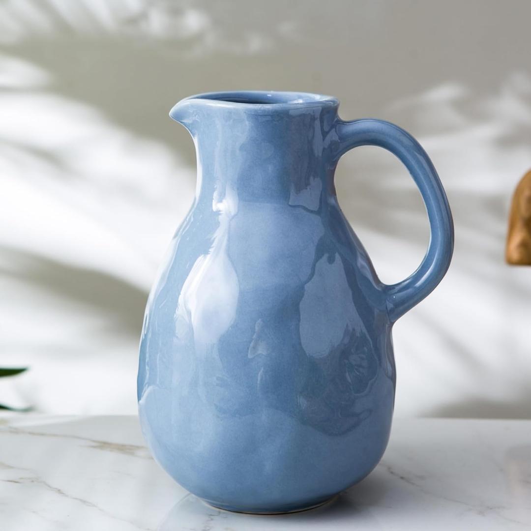 Kimdio Blue Ceramic Vase with Handle, Modern Pitcher Vases for Home Decor, Pottery Decorative Flower Vase, Clay Vases, Centerpieces for Living Room