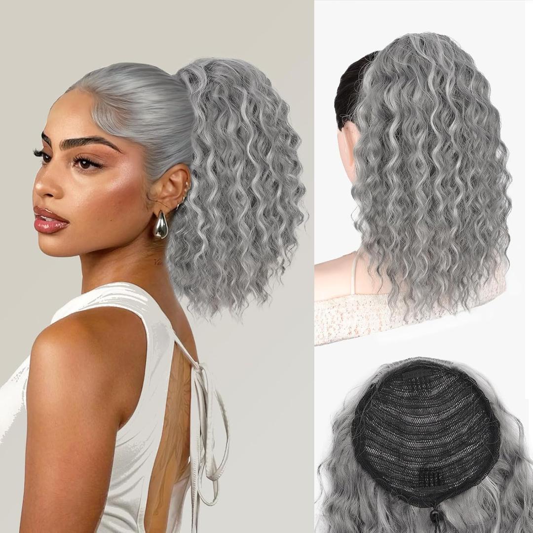 QGZ Ponytail Extension Drawstring Ponytail for Black Women 14 Inch Synthetic Long Afro Curly Fluffy Ponytail for Daily Use(Gray Mixed)