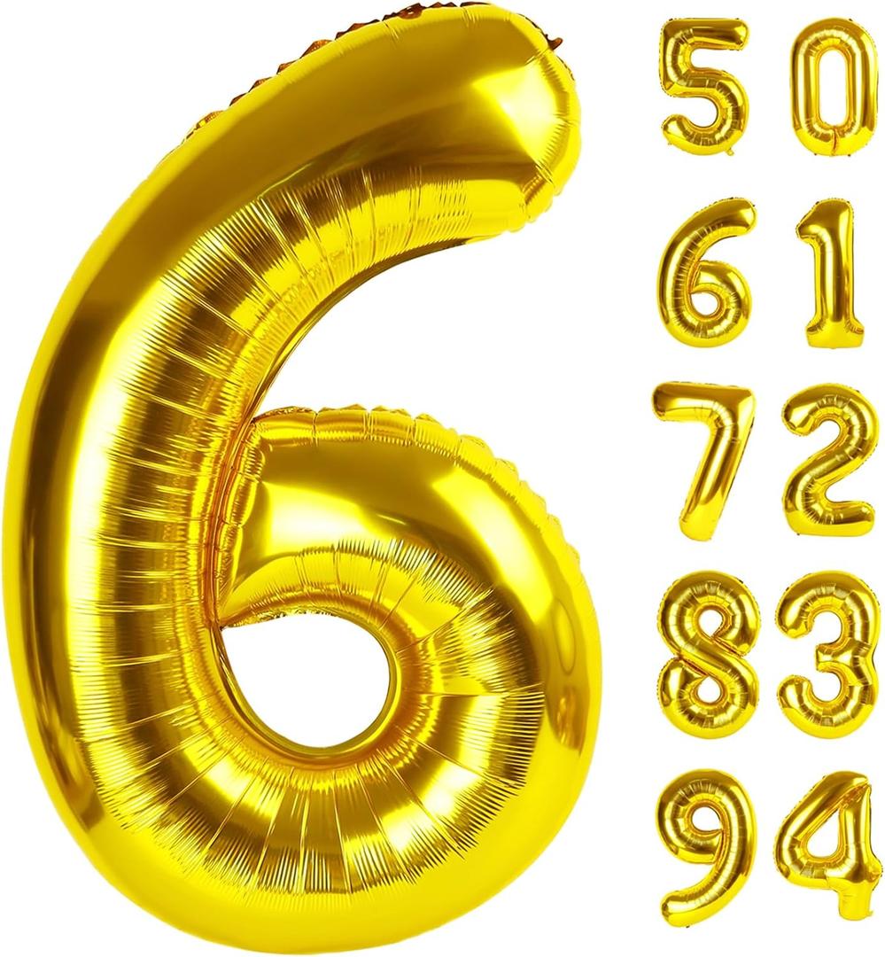 Gold 6 Balloon, Number Balloon 40 Inch, Gold and Black Party Supplies 6th Balloons for Birthday, 6 Birthday Balloon, Number 6 Balloon