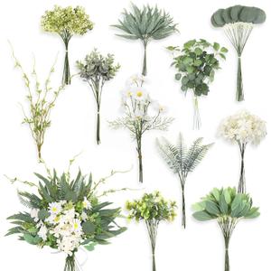 Cindeer 125 Pcs Artificial Greenery Stems Box Set with 11 Kinds of Faux Greenery Stems and Fake Eucalyptus Cherry Blossoms for DIY Bridal Bouquets Arrangement Wedding Home Decor