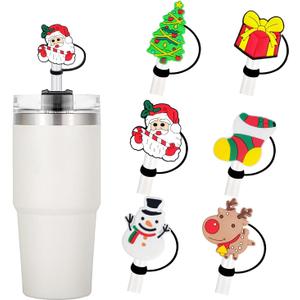 Cute Christmas Straw Covers 6 Pcs - Santa Claus, Elk, Snowman Designs - Reusable Silicone Straw Lids Protectors - Holiday Party Cup Decorations