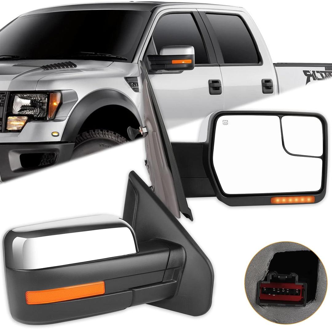 Towing Mirrors Fit for 2004-2014 For Ford for F150 Tow Mirrors with Power Control Heated Turn Signal Puddle Light Chrome Metallic Finish 1 Pair of Mirrors Left Side and Right Side