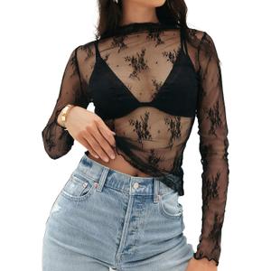 MEROKEETY 2024 Womens Mesh Sheer Long Sleeve Layering Top Mock Neck Lace Floral See Through Shirt Blouses Black X-Small
