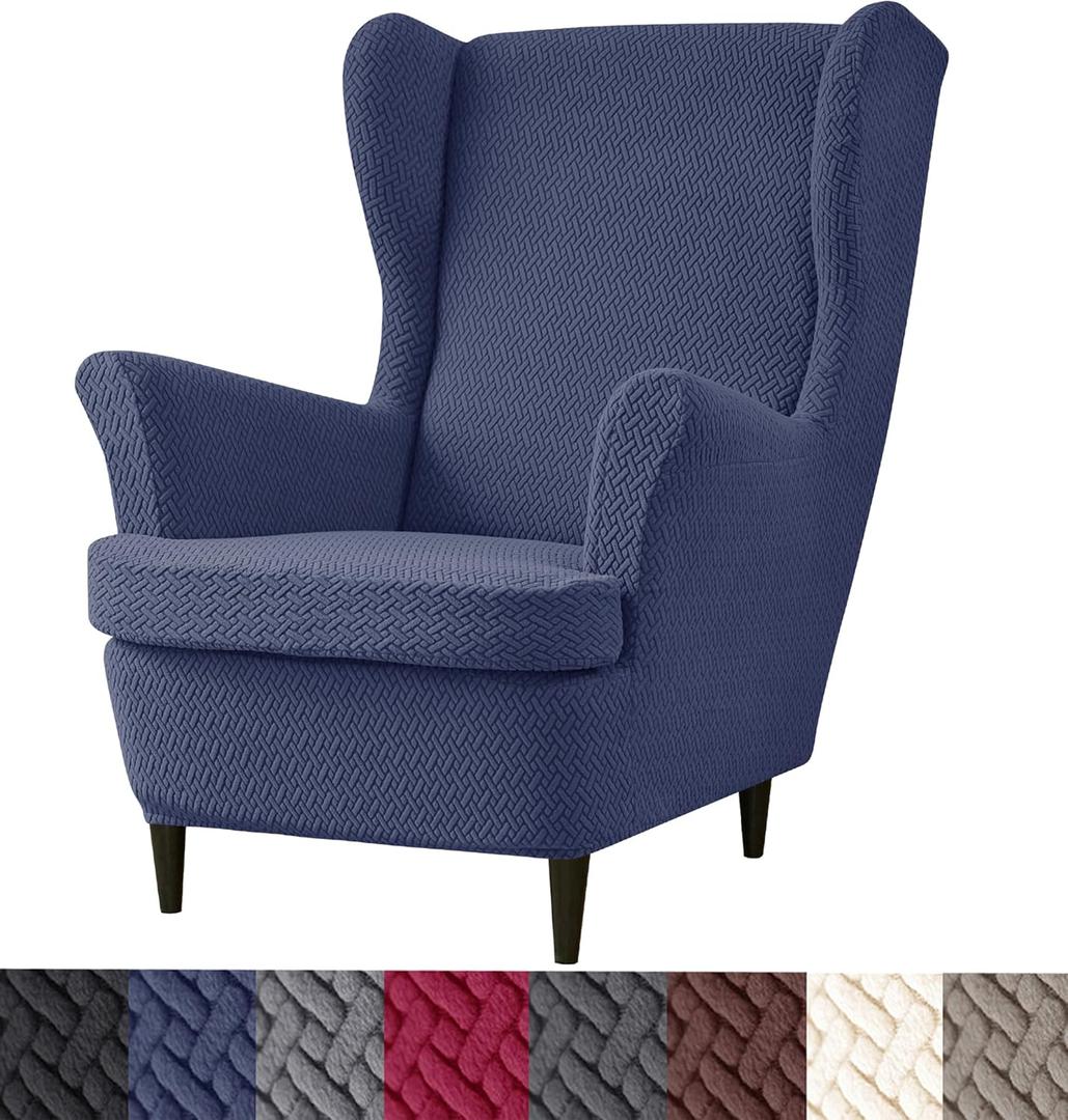 HFCNMY Wingback Chair Slipcover, 2 Piece Stretch Jacquard Wingback Chair Covers Thick Wing Back Chair Covers with Arms Wing Chair Slipcover Wing Back Chair Cover with Elastic Bottom Blue