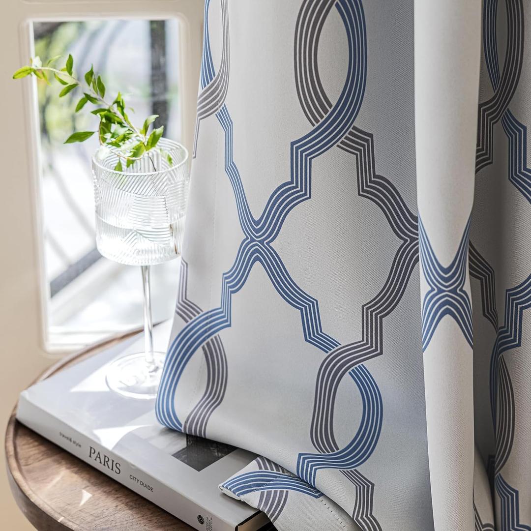100% Blackout Curtains 54 Inches Long for Bedroom, Blue Grey on White Moroccan Geometric Patterned Window Curtain for Living Room, Farmhouse Thermal Insulated Drapes Grommet Top 2 Panels