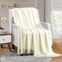 Vonty Ivory White Knitted Blanket with Tassels Fringe 50" x 60", Super Soft Knit Throw Blanket, Farmhouse Decorative Lightweight Blanket for Couch, Sofa, Bed