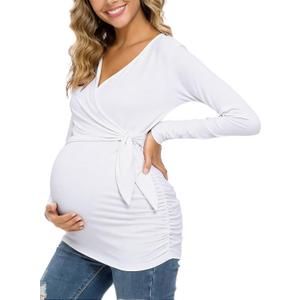 Glampunch Women's Maternity Shirts Short & Long Sleeve Tie Front Wrap Maternity Tops (04-white), S