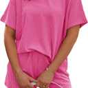 RUBZOOF Women's 2 Piece Sets Short Sleeve Outfits Ribbed Textured Knit Lounge Shorts Set Oversized Tracksuit Matching Sets XL