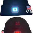 LED Beanie Hat with Rechargeable Headlight & Rear Red Light, 3 Modes, USB Charging, Warm Winter Cap with USA Logo (Black)