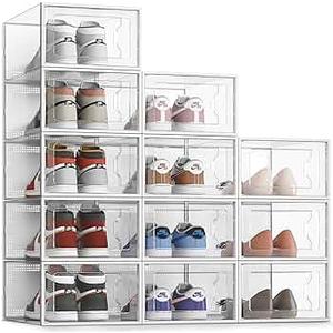 SEE SRPING XXLarge Shoe Storage Box Fit Size 14, Clear Plastic Stackable Shoe Organizer for Closet, Shoe Rack Sneaker Containers Bins Holders, Drawer Organize Unit, 12 Pack Clear