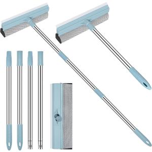 Window Squeegee for Home, 2-in-1 Window Cleaner Tool with Rubber Blade and Sponge Scrubber, Window Washing Kit with Extension Pole 44'', Scrubber for Car Windshield, Shower Door Cleaning