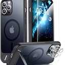 RFUNGUANGO for iPhone 12 Pro Max Magnetic Seamless Stand Case with Screen Protector*2 Lens Protector*2, Compatible with MagSafe, Military Grade Drop Protection, Adjustable Kickstand, Slim MatteBlack