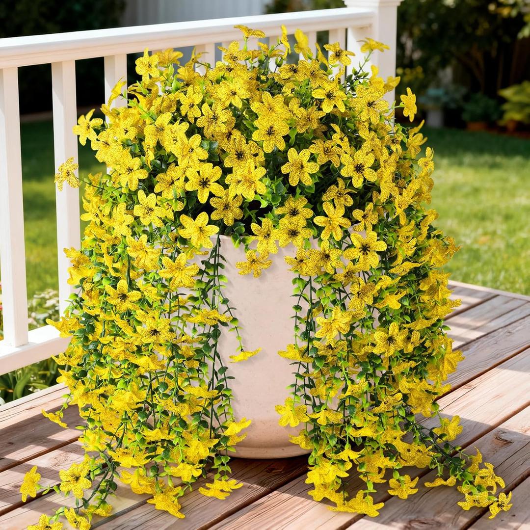 Artificial Fake Hanging Flowers Plants for Outdoor Spring Summer Decoration,2 PCS Faux Silk Daisy with Eucalyptus Leaves,UV Resistant Look Real for Outside Home Planter Porch Patio Balcony Yard Decor (Yellow)