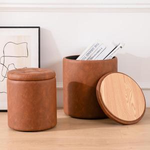 Round Ottoman with Storage Set of 2, Faux Leather Button Tufted Storage Ottoman, 14.76"L x 14.76"W x 17.32"H, Boucle Vanity Stool Footrest Coffee Table for Living Room, Bedroom, Support 300 lbs, Brown Round Ottoman with Storage Set of 2, Faux Leather Button Tufted Storage Ottoman, 14.76"L x 14.76"W x 17.32"H, Boucle Vanity Stool Footrest Coffee Table for Living Room, Bedroom, Support 300 lbs, Brown