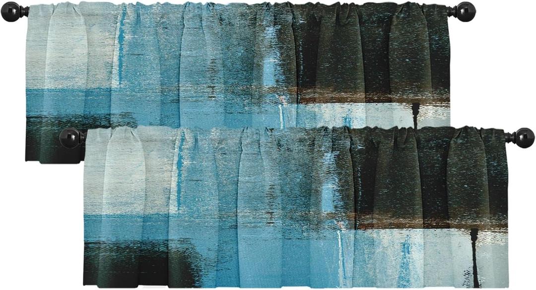 Emvency 2 Pack Valances Window Treatments, Blue and Brown Painting Art Modern Abstract Blackout Adjustable for Living Room Bathroom Bedroom Kitchen Over Sink, 52x18 Inch Rod Pocket Valances