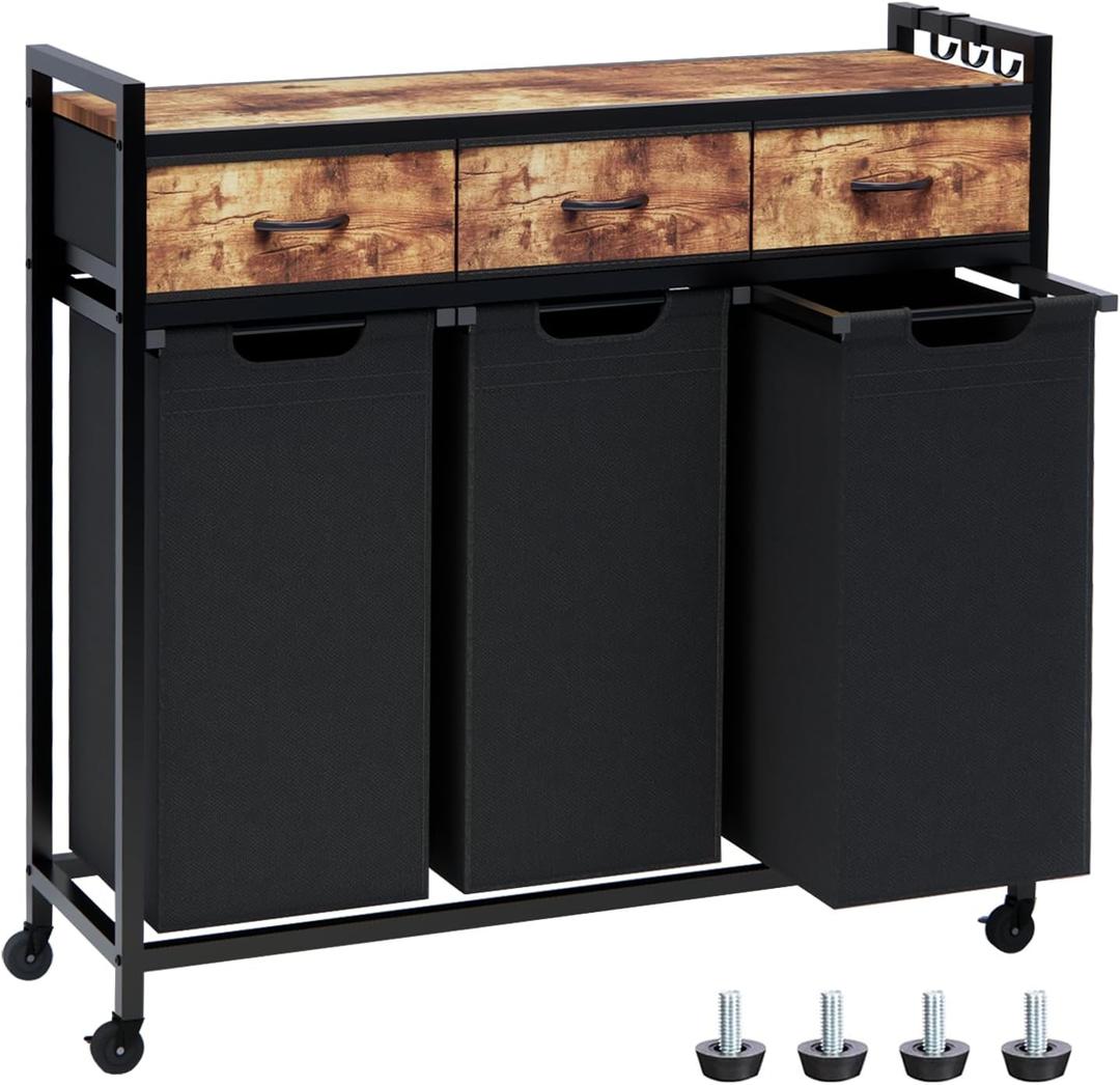 Laundry Hamper, Laundry Sorter 3 Section, Rolling Laundry Basket with Wheels, 3 Drawers, 3  14.5 Gal (55 L), Pull-Out and Removable Oxford Fabric Bags, Black and Rustic Brown