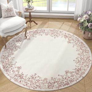 jinchan Round Rug 5ft Area Rug Washable Entryway Indoor Vintage 5' Round Circle Floor Cover Thin Floral Elegant Garland Print Non Slip Carpet for Living Room Dining Room Bedroom Decor Ivory Pink