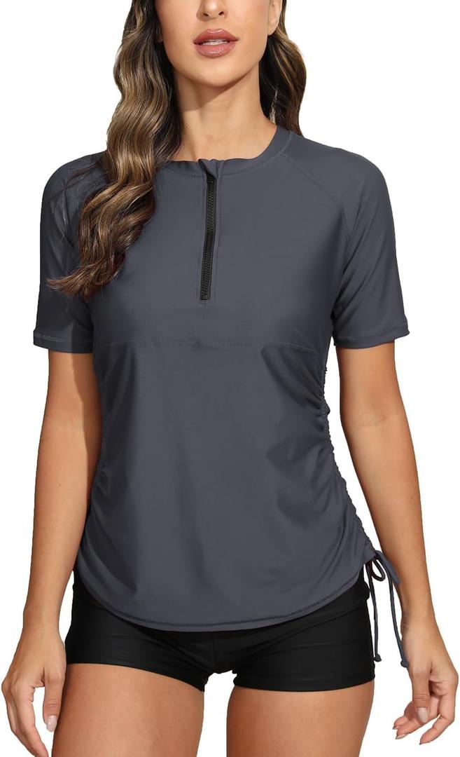 Halcurt Women's Half Zip Short Sleeve Rash Guard Swimsuit Top Ruched Swim Shirt UPF50+ Quick Dry Bathing Suit (XX-Large, Grey)